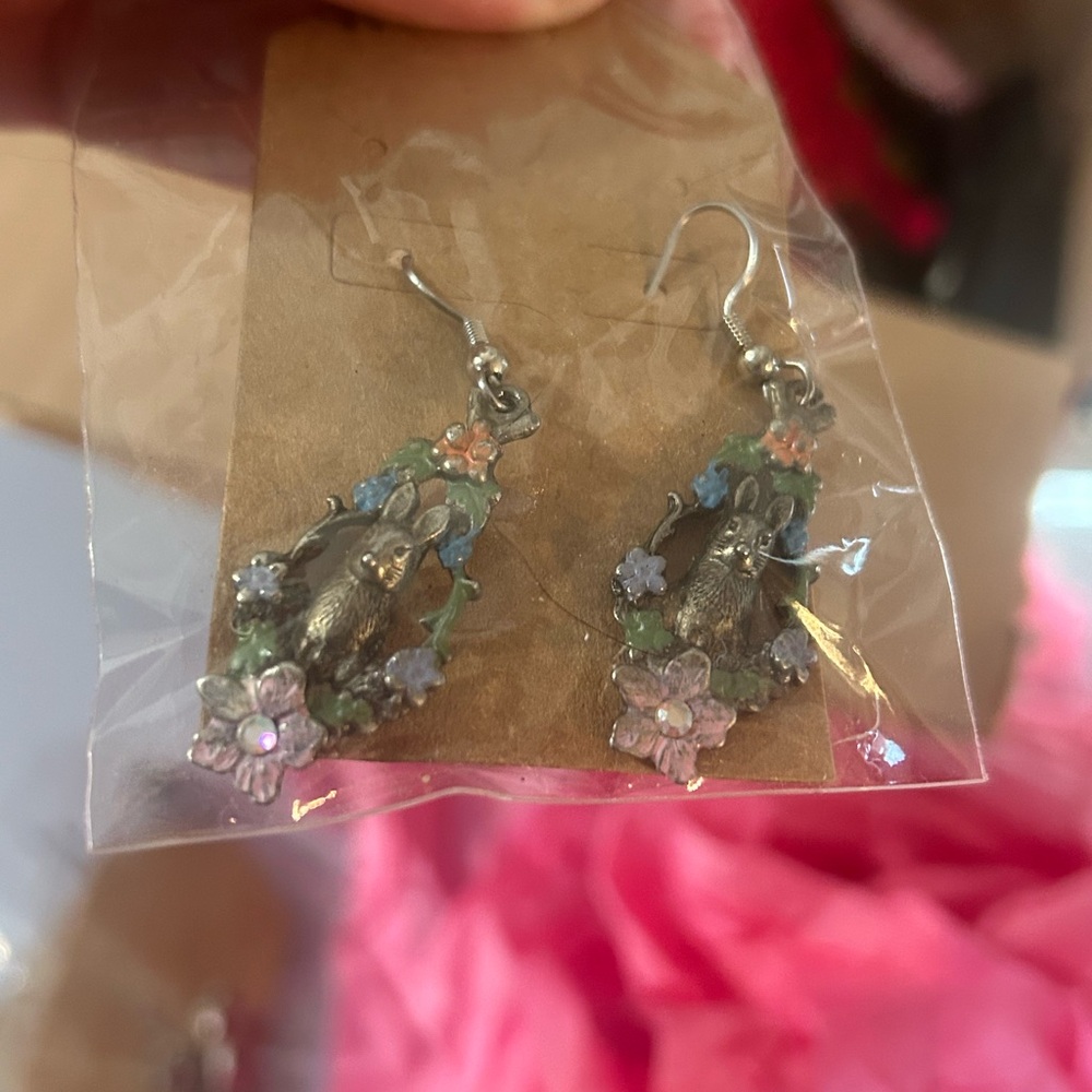 Floral Bunny Drop Earrings - Pastel Multi (Unbranded) vintage pewter